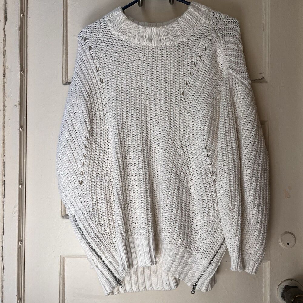 7 For All Mankind Chunky Sweater Sz XL Minimal White Zippers Boho Coastal Summer